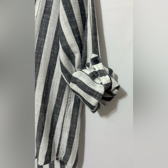 Lucky Brand Striped Tunic Mandarin Collar Top Henley Roll Tab Sleeves Medium - Picture 4 of 9